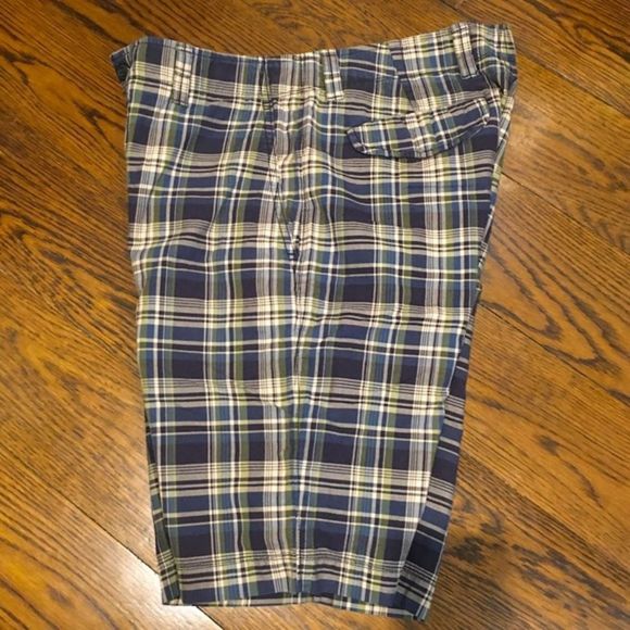 GAP Mens Navy Green Tan Longer Length Plaid Shorts Sz 32 - Picture 8 of 10